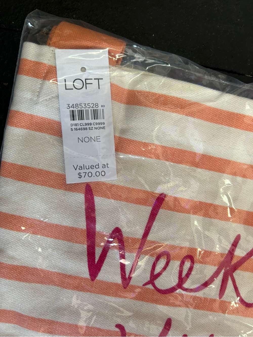 LOFT Striped Canvas Tote - Coral & White with Pink Script